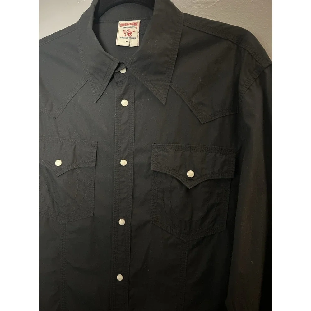 True Religion Men's Pearl Snap Black Long Sleeve League Of 56'ers Size XL‎